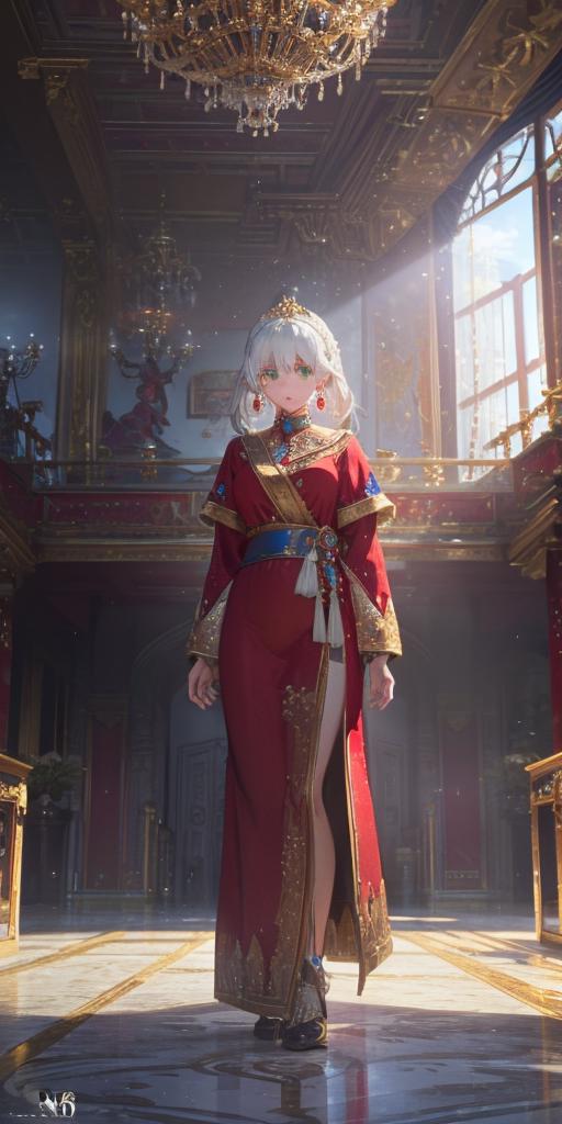 00299-401523519-1Girl, full body, elegant, white hair, green eyes, intricate red gown, silver earrings, palace interior background, golden chand.png